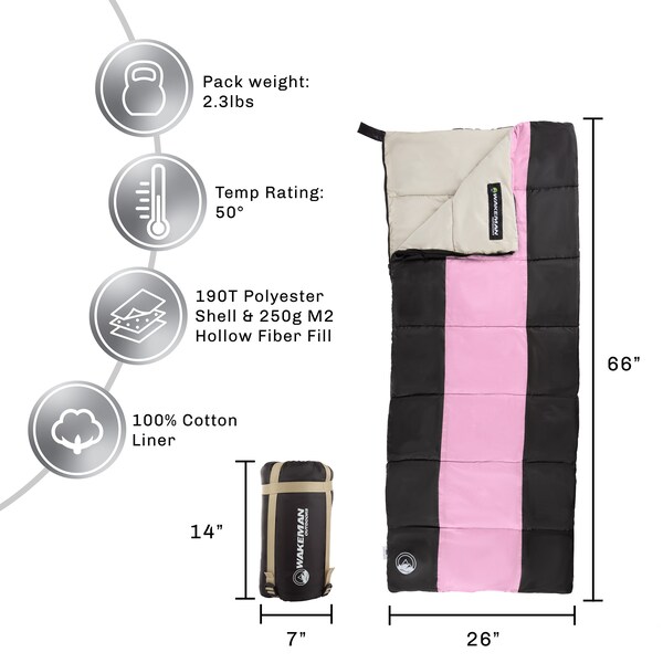 Wakeman Lightweight Kids Sleeping Bag - Carrying Bag Included - For Camping by Outdoors Pink/Black - 75-CMP1071