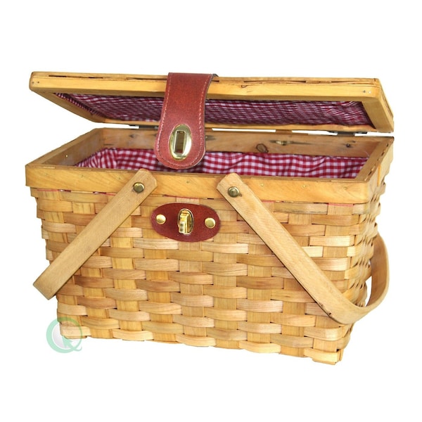 Vintiquewise Picnic Basket with Red White Plaid Lining - QI003046