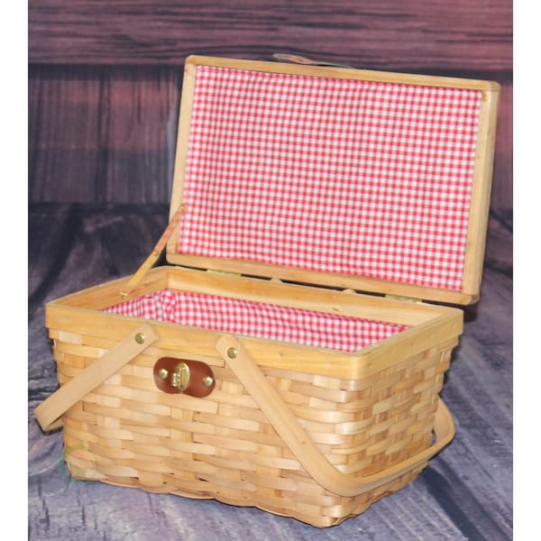 Vintiquewise Picnic Basket Gingham Lined with Folding Handles - QI003081