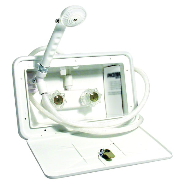 Valterra EXTERIOR SHOWER BOX WITH 59IN VINYL HOSE, 1/4 TURN, PLASTIC, WHITE - PF266201