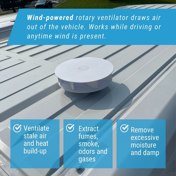 Ava-Matic Slim-Matic Wind-Powered Rotating Roof Vent for Vans, RVs, Trailers, Campers, White, Rectangle Shutter - AVA5210