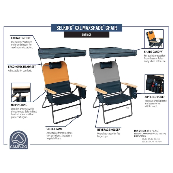 Camp & Go Selkirk Outdoor Oversized Heavy Duty Comfort Folding MaxShade Canopy Camping Chair, Black Charcoal - GR618CP-431-1