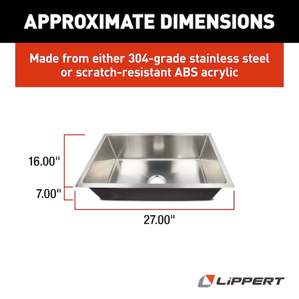 Lippert 27X16X7 SINGLE BOWL SINK; R10 CORNERS; STAINLESS STEEL 304 - 385313