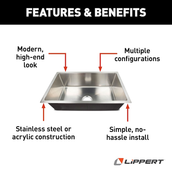 Lippert 27X16X7 SINGLE BOWL SINK; R10 CORNERS; STAINLESS STEEL 304 - 385313
