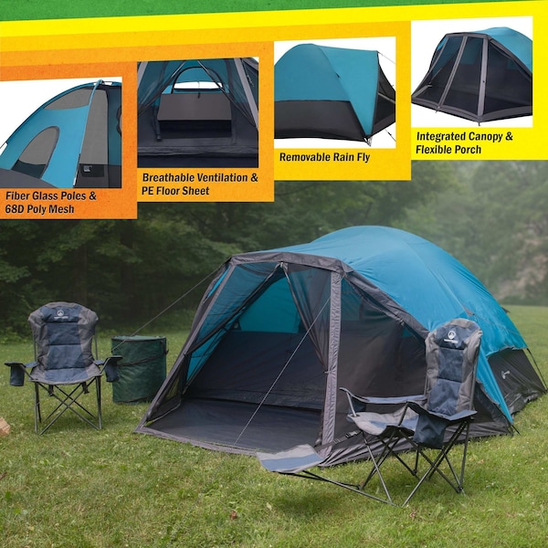Wakeman 6 Person Camping Tent - Water-Resistant Cabin Style with Built-In Screen by Blue - 75-CMP1147