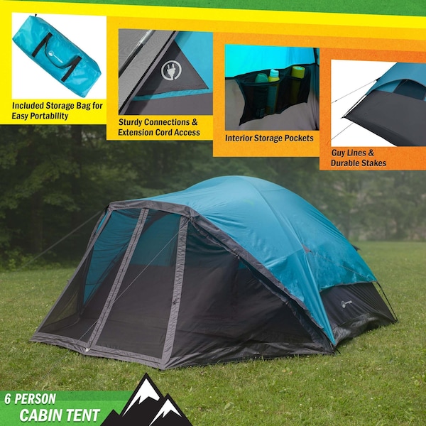 Wakeman 6 Person Camping Tent - Water-Resistant Cabin Style with Built-In Screen by Blue - 75-CMP1147