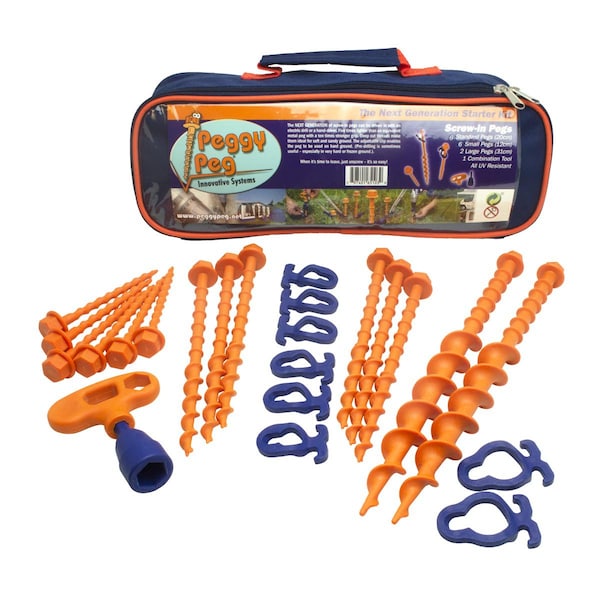 Peggy Peg Tie Down Stake Kit, 6 Standard Stakes, Small Stakes, & Crocodile Clips, Combo Tool, 2 Large Stakes - PP-1031