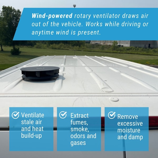 Ava-Matic Slim-Matic Wind-Powered Rotating Roof Vent for Vans, RVs, Trailers, Campers, Black, Round Shutter - AVA5120