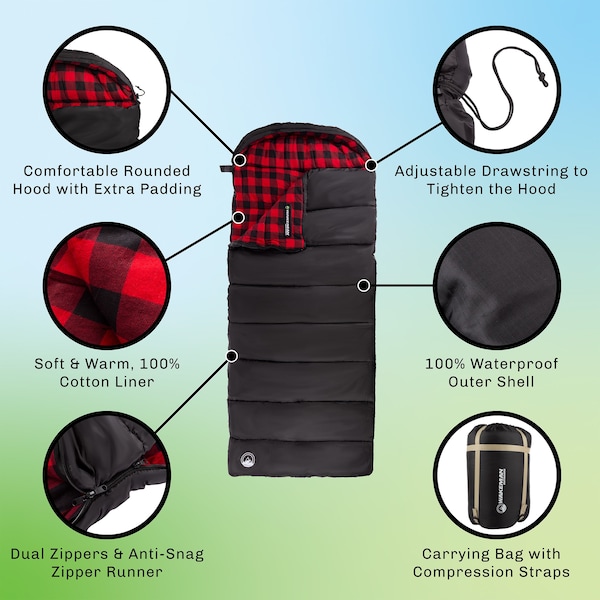 Wakeman XL Sleeping Bag - 32F Comfort Rated 3-Season Sleep Bag with Hood for Hiking by Black/Red - 75-CMP1073