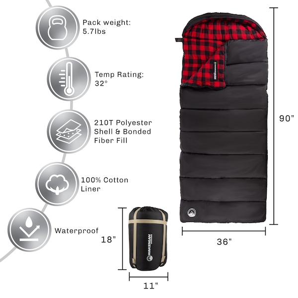 Wakeman XL Sleeping Bag - 32F Comfort Rated 3-Season Sleep Bag with Hood for Hiking by Black/Red - 75-CMP1073