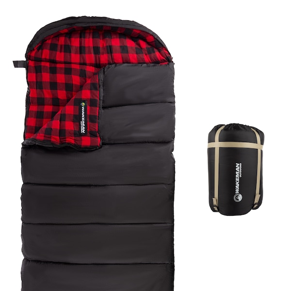 Wakeman XL Sleeping Bag - 32F Comfort Rated 3-Season Sleep Bag with Hood for Hiking by Black/Red - 75-CMP1073