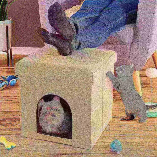 Pet Adobe Pet House Ottoman with Collapsible Multipurpose Bed and Footrest for Cat/Small Dogs (Microsuede Tan) - 676140QYP