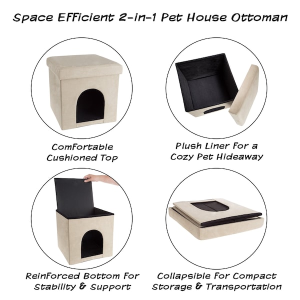 Pet Adobe Pet House Ottoman with Collapsible Multipurpose Bed and Footrest for Cat/Small Dogs (Microsuede Tan) - 676140QYP