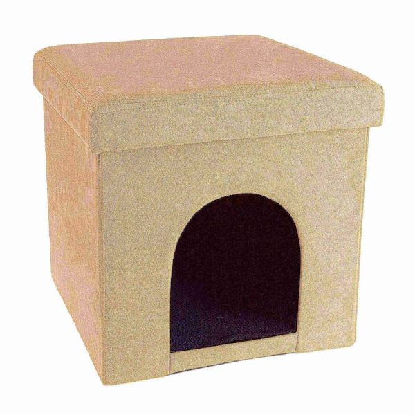 Pet Adobe Pet House Ottoman with Collapsible Multipurpose Bed and Footrest for Cat/Small Dogs (Microsuede Tan) - 676140QYP