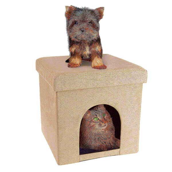Pet Adobe Pet House Ottoman with Collapsible Multipurpose Bed and Footrest for Cat/Small Dogs (Microsuede Tan) - 676140QYP