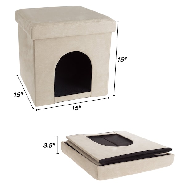 Pet Adobe Pet House Ottoman with Collapsible Multipurpose Bed and Footrest for Cat/Small Dogs (Microsuede Tan) - 676140QYP