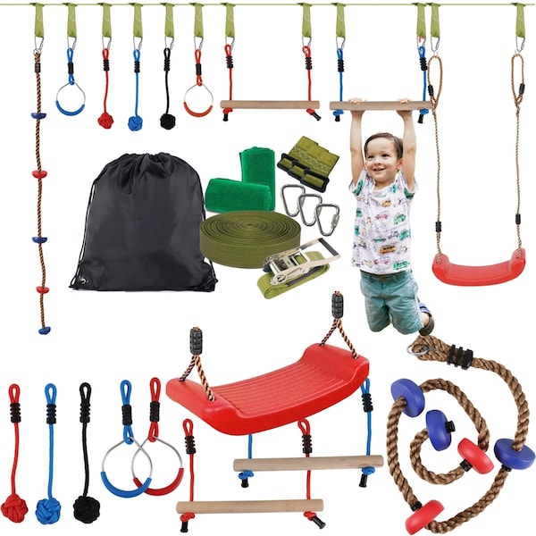 Wonkawoo Ninja Warrior Obstacle Course Rope Set for Kids 42 ft. Line with Swing - 619629044687