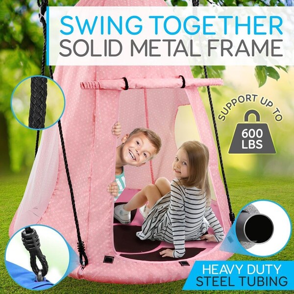 Serenelife Children's Tree Swing Tent - Indoor/Outdoor Hanging Rope Swing Hangout Kit Pink - SLSWNG350PK