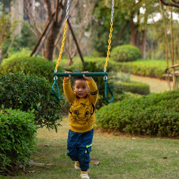 Playberg Outdoor  Heavy Duty Kids Fun Hanging Trapeze Bar, Green Steel Bar and Yellow Chain Swing Playsets - QI004561.GN