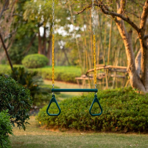 Playberg Outdoor  Heavy Duty Kids Fun Hanging Trapeze Bar, Green Steel Bar and Yellow Chain Swing Playsets - QI004561.GN