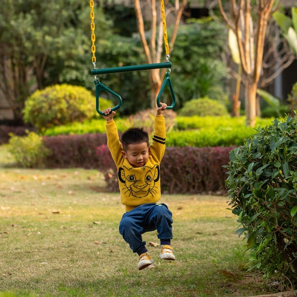 Playberg Outdoor  Heavy Duty Kids Fun Hanging Trapeze Bar, Green Steel Bar and Yellow Chain Swing Playsets - QI004561.GN
