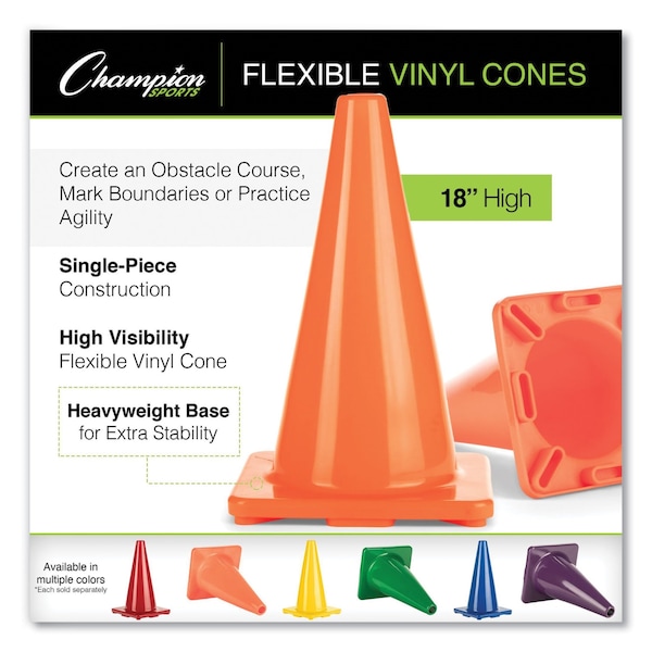 Champion Sports Hi-Visibility Vinyl Cones, 18" Tall, Fluorescent Orange, 10.63" x 10.63" Base - C18OR
