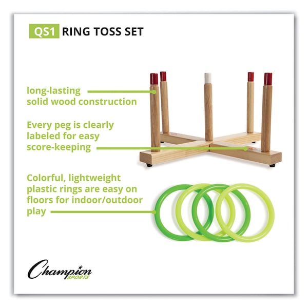 Champion Sports Ring Toss Set, Plastic/Wood, Assorted Colors, 5 Pegs, 4 Rings - QS1