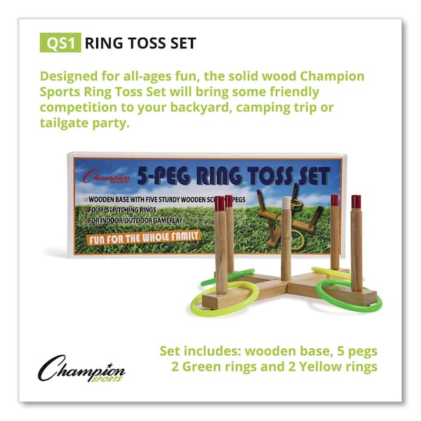 Champion Sports Ring Toss Set, Plastic/Wood, Assorted Colors, 5 Pegs, 4 Rings - QS1