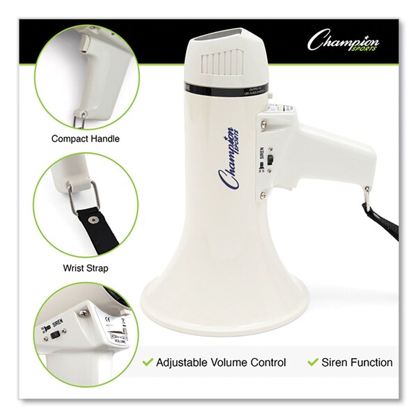 Champion Sports Megaphone, 4 W to 8 W, 400 yds Range, White - MP4W