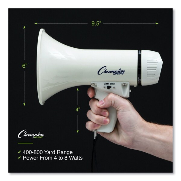 Champion Sports Megaphone, 4 W to 8 W, 400 yds Range, White - MP4W