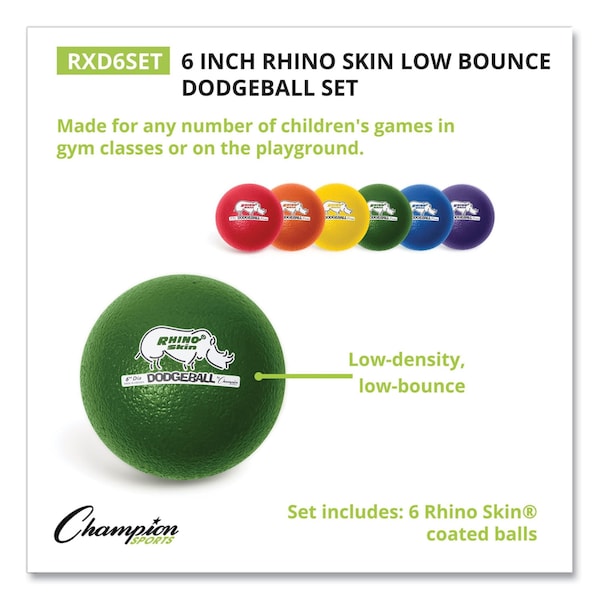 Champion Sports Rhino Skin Dodge Ball Set, 6" Diameter, Assorted Colors, PK6 - RXD6SET