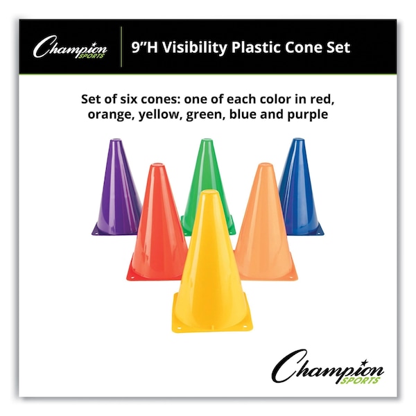 Champion Sports High-Visibility Plastic Cones, 9" Tall, Assorted Colors, 5" x 5" Base, PK6 - TC9SET
