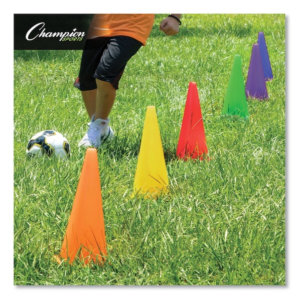 Champion Sports High-Visibility Plastic Cones, 9" Tall, Assorted Colors, 5" x 5" Base, PK6 - TC9SET