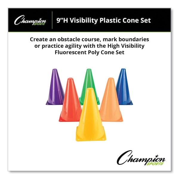Champion Sports High-Visibility Plastic Cones, 9" Tall, Assorted Colors, 5" x 5" Base, PK6 - TC9SET