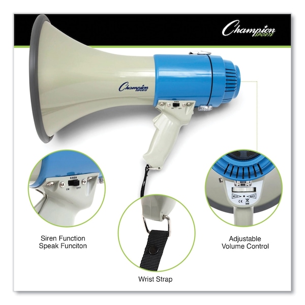 Champion Sports Megaphone, 12 W to 25 W, 1,000 yds Range, White/Blue - MP12W