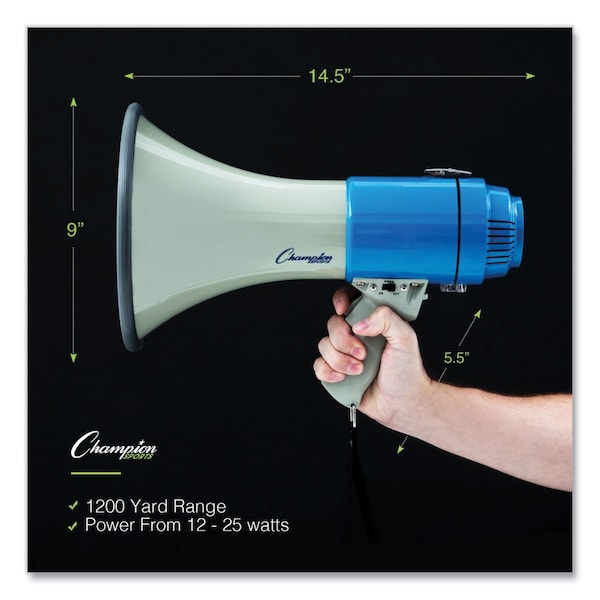 Champion Sports Megaphone, 12 W to 25 W, 1,000 yds Range, White/Blue - MP12W