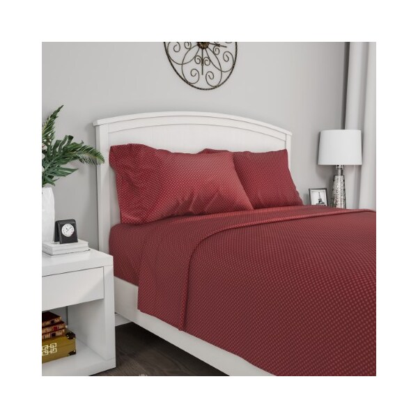 Hastings Home Brushed Microfiber 4-piece Embossed Checkered Bed Linens, Fitted, Flat, 2 Pillowcases Full, Burgundy - 347697BFX