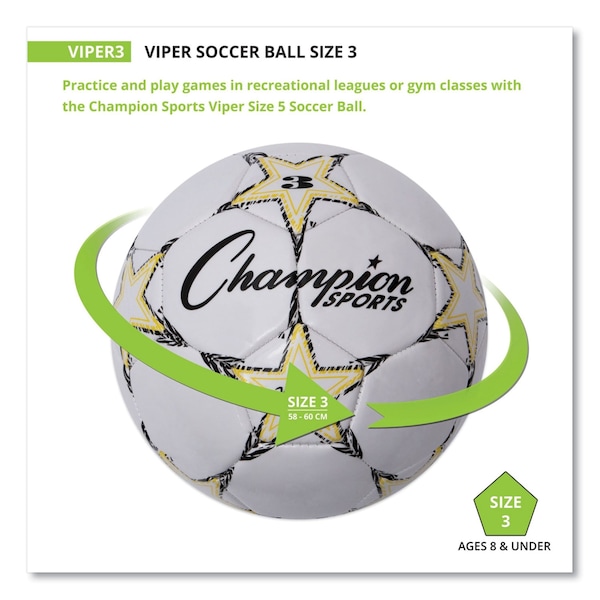 Champion Sports VIPER Soccer Ball, No. 3 Size, 7.25" to 7.5" Diameter, White - VIPER3