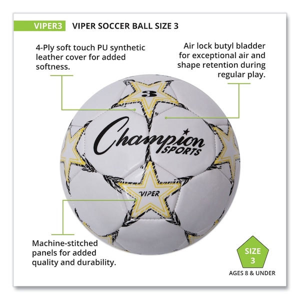 Champion Sports VIPER Soccer Ball, No. 3 Size, 7.25" to 7.5" Diameter, White - VIPER3