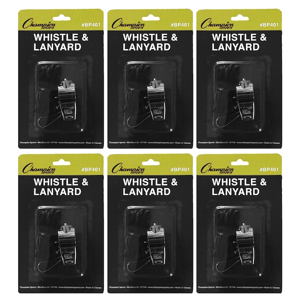 Champion Sports Metal Whistle & Black Lanyard Pack, PK6 - BP401