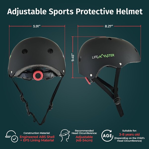 Lifemaster Kids Adjustable Sports Helmet 3-8 Yrs, Impact-Resistant, 11-Vent System, Comfort Padding, Black - LFHELBK
