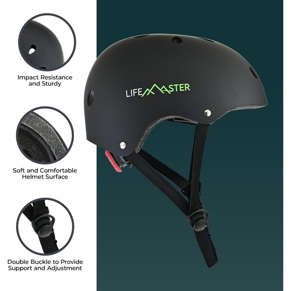 Lifemaster Kids Adjustable Sports Helmet 3-8 Yrs, Impact-Resistant, 11-Vent System, Comfort Padding, Black - LFHELBK