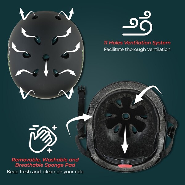 Lifemaster Kids Adjustable Sports Helmet 3-8 Yrs, Impact-Resistant, 11-Vent System, Comfort Padding, Black - LFHELBK