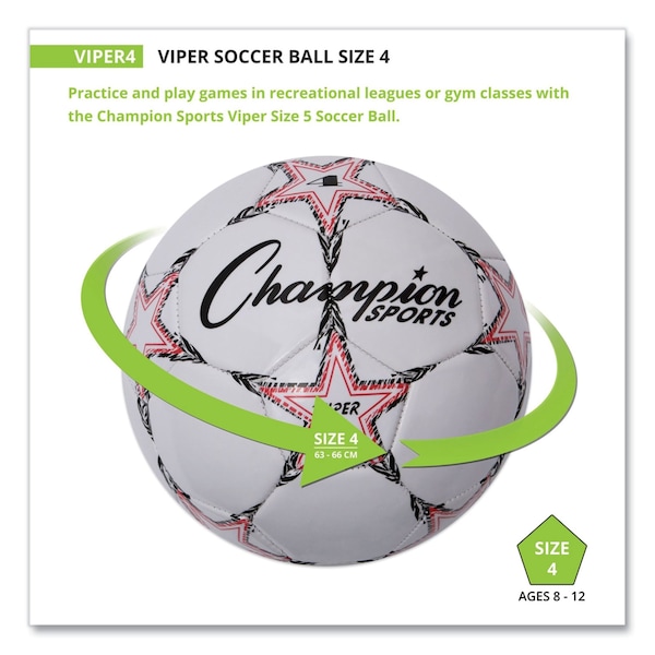 Champion Sports VIPER Soccer Ball, No. 4 Size, 8" to 8.25" Diameter, White - VIPER4