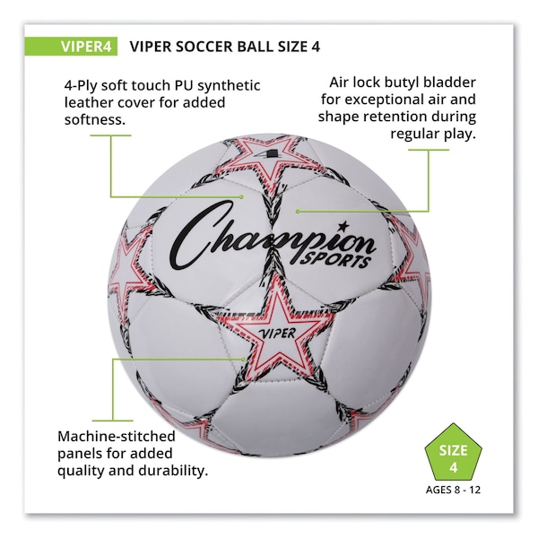 Champion Sports VIPER Soccer Ball, No. 4 Size, 8" to 8.25" Diameter, White - VIPER4