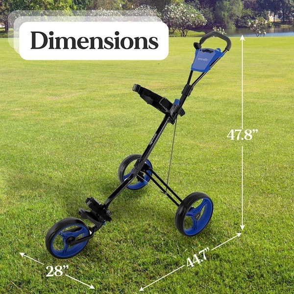 Serenelife Foldable 3-Wheel Golf Push Cart - New Deluxe Scorecard Holder, Upper & Lower Brackets with Strap - SLGZX9
