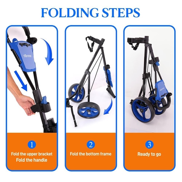 Serenelife Foldable 3-Wheel Golf Push Cart - New Deluxe Scorecard Holder, Upper & Lower Brackets with Strap - SLGZX9