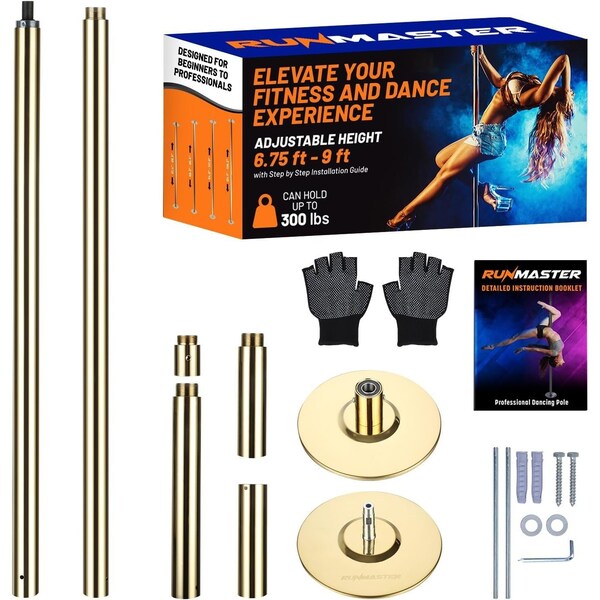 Runmaster Premium 45mm Dance Pole Kit, Spinning and Static, Portable Steel with Silicone Protection, Gold - HMDANGLD