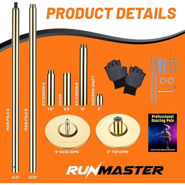 Runmaster Premium 45mm Dance Pole Kit, Spinning and Static, Portable Steel with Silicone Protection, Gold - HMDANGLD