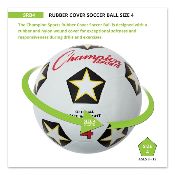 Champion Sports Rubber Sports Ball, For Soccer, No. 4 Size, White/Black - SRB4